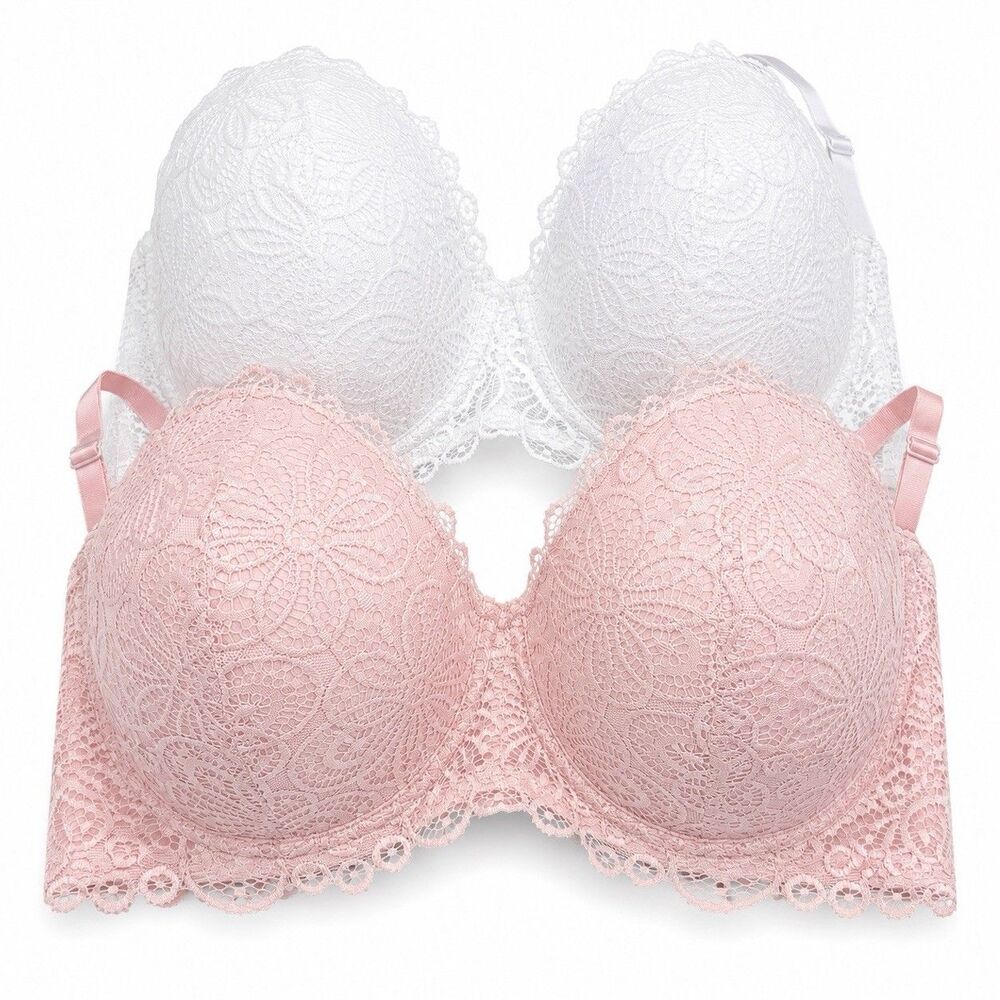 Pure Beauty by Rene Rofe Bras Womens 44DD Pink White Lace Underwire Molded Cups